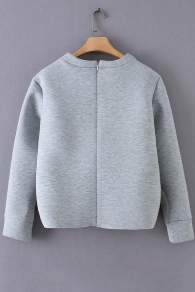 Round Neck Long Sleeve Heart Embellished Gray Pullover Sweatshirt