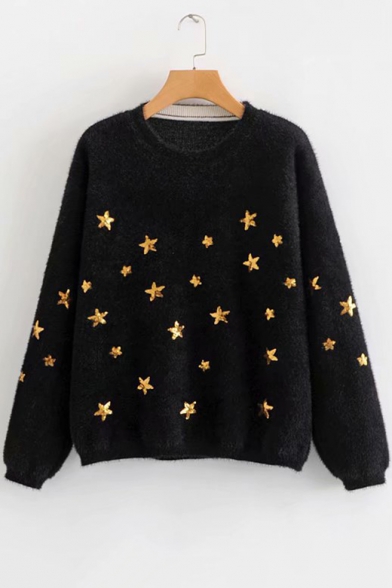 

Sequined Star Embroidered Long Sleeve Round Neck Black Sweater