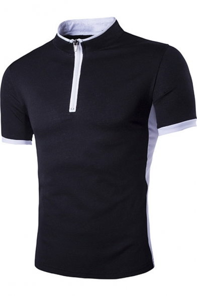 Stylish Half-Zip Stand Collar Short Sleeve Colorblock Men's Slim Black T-Shirt