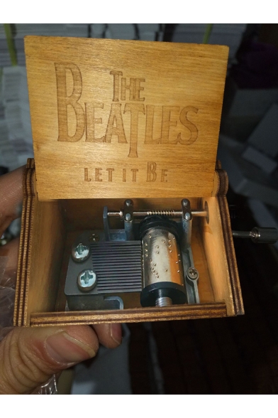 Vintage Letter Carved Khaki Wooden Hand Cranked Music Box