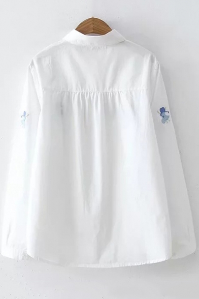 White Cute Cartoon Figure Embroidered Long Sleeve Lapel Collar Button Down Shirt