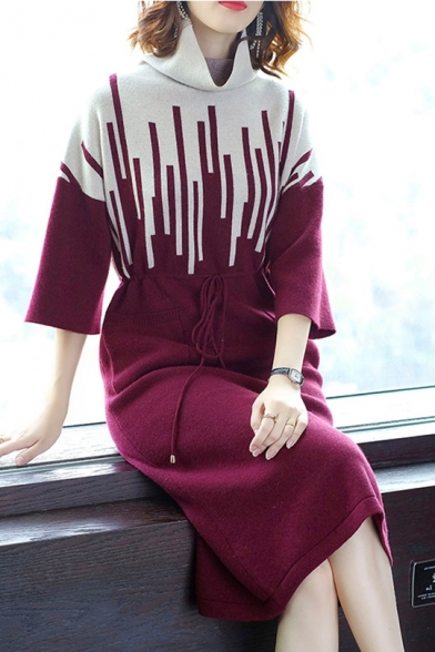 Winter's Fashion Cowl Neck Three-Quarter Sleeve Colorblock Drawstring Waist Midi Sheath Sweater Dress