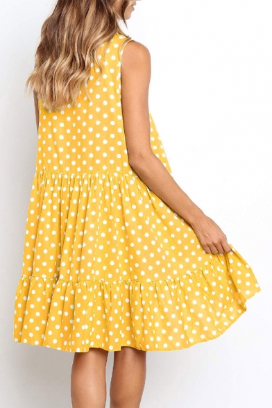 Women's Fashion Polka Dot Printed Round Neck Sleeveless Ruffle Hem Midi Swing Dress