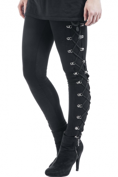 

Women' New Stylish Black Elastic Waist Lace-Up Side Skinny Stretch Leggings, LC501331