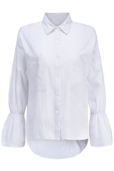 Basic Simple Plain Fashion Flared Cuff Long Sleeve Dipped Hem Button White Shirt