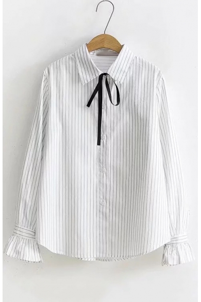Bow-Tied Lapel Collar Flared Cuff Long Sleeve White Striped Button Down Shirt