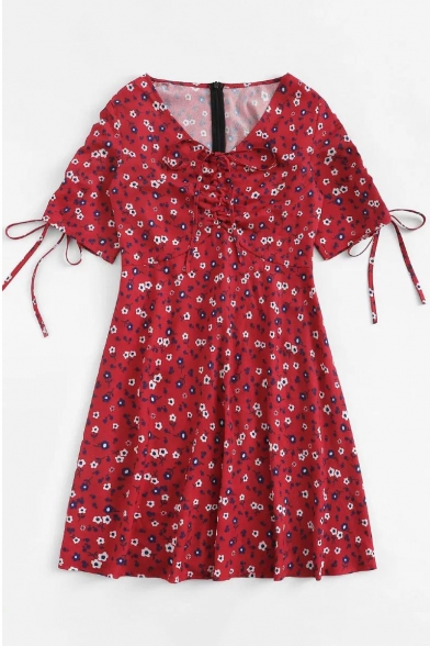 Burgundy Short Sleeve V Neck Drawstring Front Floral Printed Mini A-Line Dress