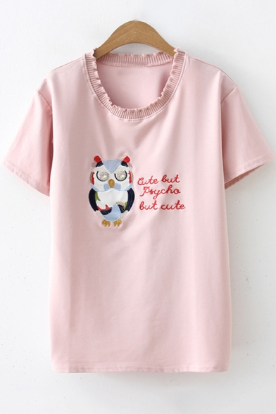 Cartoon Night Owl Letter Embroidered Ruffled Round Neck Short Sleeve T-Shirt