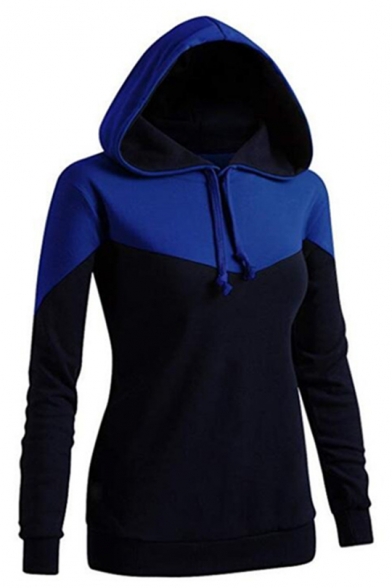 Casual Long Sleeve Colorblock Fitted Drawstring Hoodie