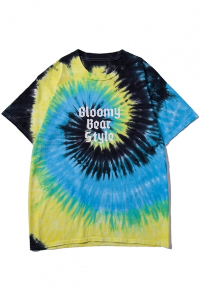 Cool Letter GLOOMY BEAR STYLE Print Tie Dye Round Neck Loose Blue T-Shirt