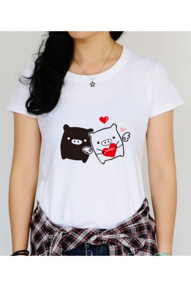 Cute Cartoon Pig Heart Printed Round Neck Short Sleeve White Fitted T-Shirt