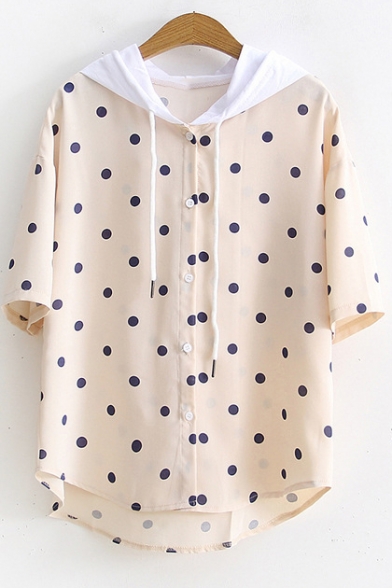 Cute Polka Dot Printed Short Sleeve Hooded Button Front Cotton T-Shirt for Students