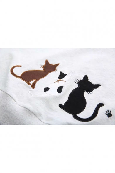 Fake Two Piece Long Sleeve Lapel Collar Cat Embroidered Casual Sweatshirt
