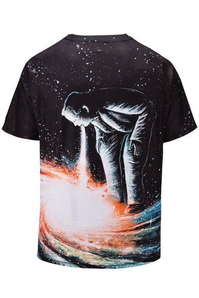 Fashion 3D Galaxy Whirlpool Figure Printed Round Neck Men's Black Fitted T-Shirt