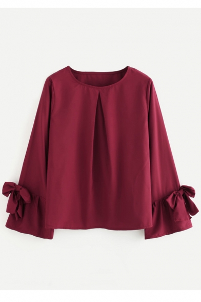 

Fashion Bow-Tied Cuff Long Sleeve Round Neck Simple Plain Loose Chiffon Burgundy Blouse, LC500676