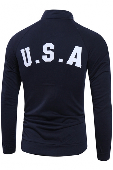 Fashion Letter USA American Flag Print Chest Stand Collar Long Sleeve Fitted Navy Zip Sweatshirt