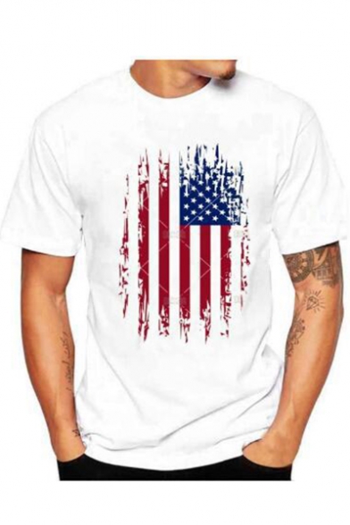Funny American Flag Printed Crewneck Short Sleeve Men's Loose White T-Shirt
