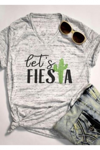 Funny Cactus Letter LET'S FIESTA Printed V-Neck Short Sleeve Grey T-Shirt