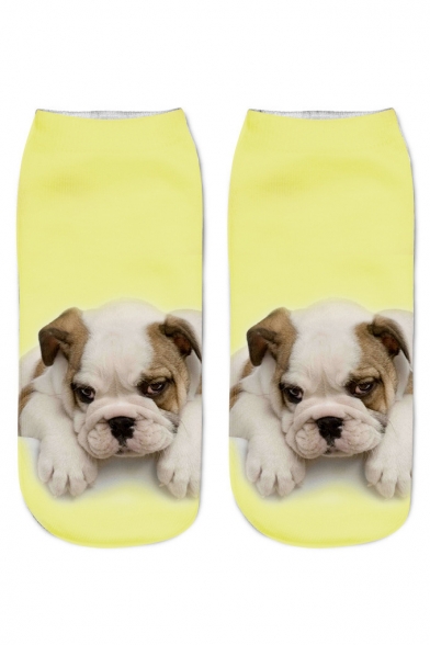 Funny Cartoon Dog Printed Yellow Ankle High Cotton Sports Socks