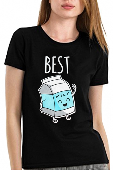 Funny Cartoon Milk Cookie Letter BEST FRIENDS Printed Casual Short Sleeve T-Shirt for Friends