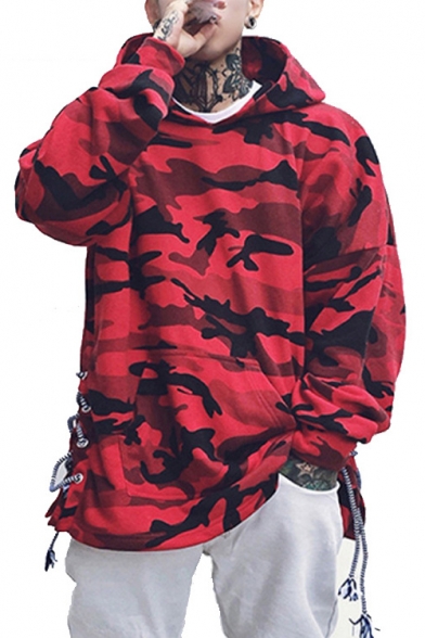 Guys Fashion Classic Red Camo Printed Chic Lace-Up Side Loose Fitted Pullover Hoodie