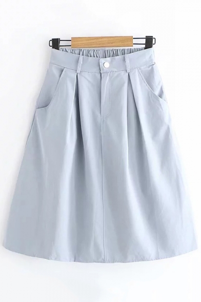 Leisure Elastic Waist Plain Retro Cotton A-Line Skirt with Pockets