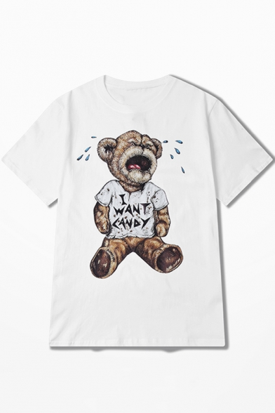 Lovely Cartoon Crying Teddy Bear Printed Round Neck Loose Casual Cotton T-Shirt