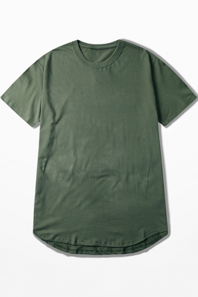 Men's Basic Plain Crewneck Short Sleeve Round Hem Cotton Fitted Long T-Shirt