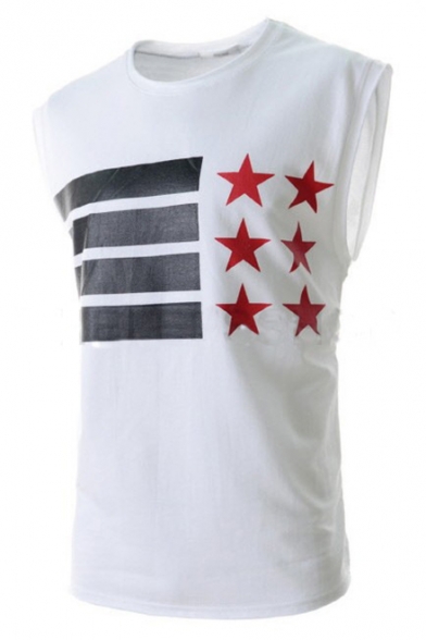 Men's Cool American Flag Star Printed Round Neck Sleeveless Loose Tank Top