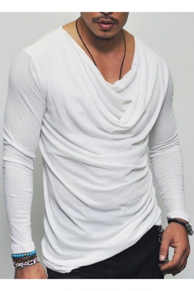 Men's New Stylish Draped Cowl Neck Long Sleeve Basic Plain T-Shirt