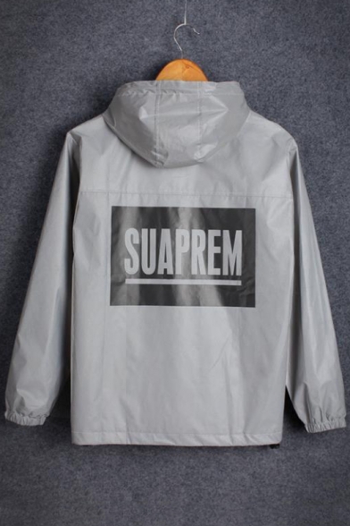 New Arrival Long Sleeve Unisex Zip Front Letter SUAPREM Printed Reflective Hooded Gray Coat