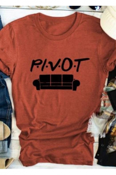 Popular Letter PIVOT Sofa Printed Basic Casual Loose Short Sleeve Brown T-Shirt