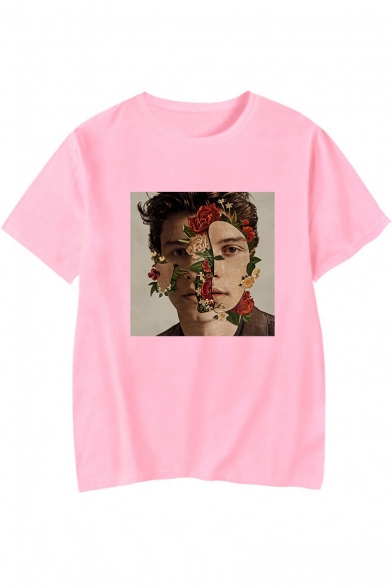 Popular Canadian Singer-Songwriter Floral Figure Printed Round Neck Short Sleeve Casual Unisex T-Shirt