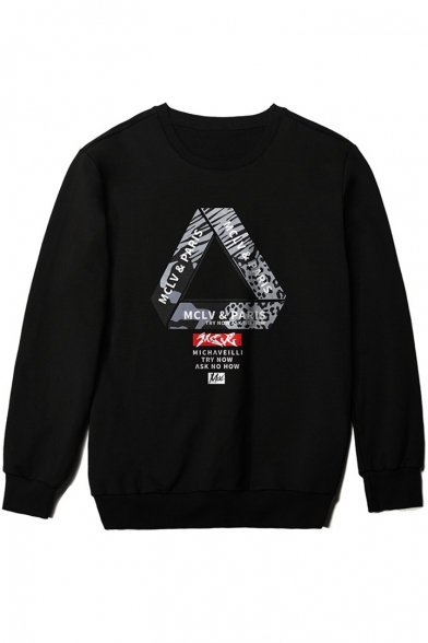 Street Style Letter Camo Print Triangle Crewneck Long Sleeve Black Regular Fitted Sweatshirt