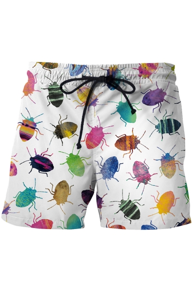 Stylish 3D Insect Printed Drawstring Waist Summer White Casual Swim Trunks for Men