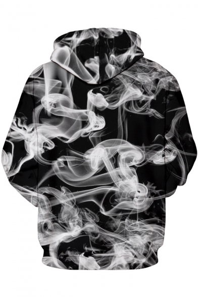 Trendy 3D Smoke Printed Long Sleeve Loose Fit Pullover Black Drawstring Hoodie