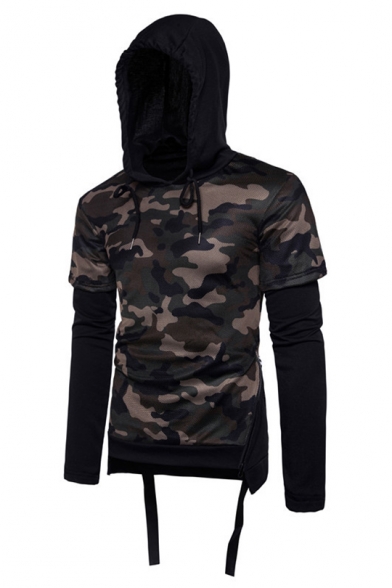 Unique Cool Camo Pattern Layered Patched Long Sleeve Zip-Embellished Side Ribbon Hem Fitted Cotton Hoodie