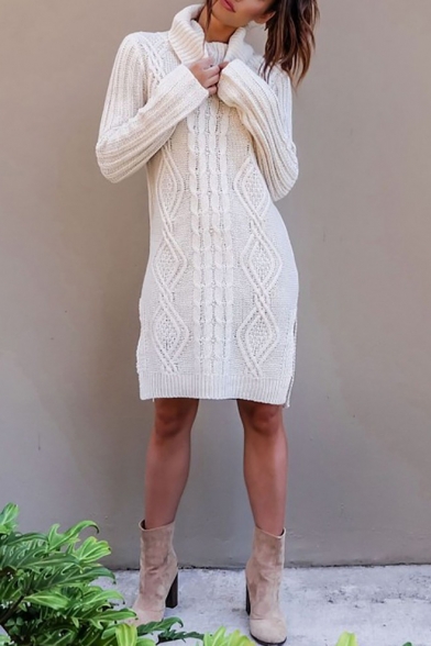 Women's Fashion Simple Plain Cable Knit Turtle Neck Long Sleeve Split Side Tunic Sweater