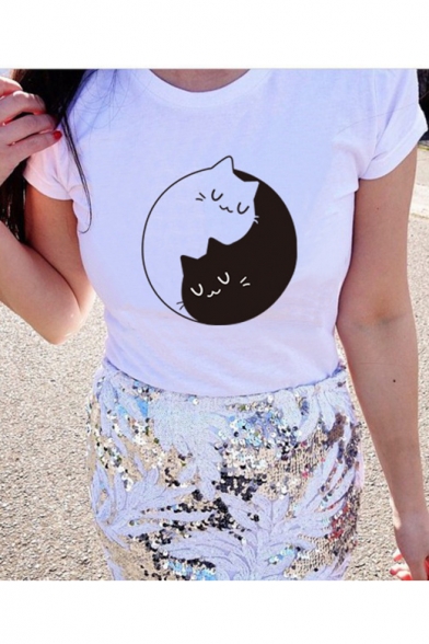Abstract Cat Printed Short Sleeve Round Neck Tee for Women