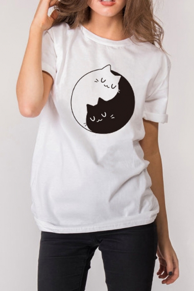 Abstract Cat Printed Short Sleeve Round Neck Tee for Women