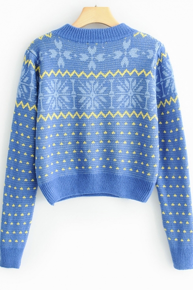 Blue Round Neck Long Sleeve Snowflake Jacquard Loose Cropped Sweater