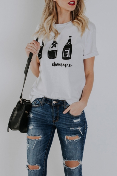 Bottle Letter Printed Short Sleeve Round Neck White Fitted Tee