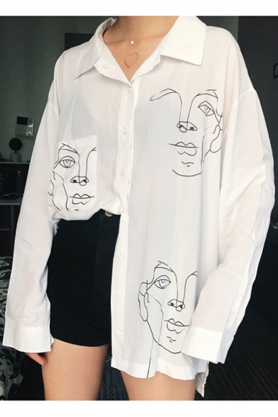 Cartoon Abstract Figure Printed Lapel Collar Long Sleeve Boyfriend Loose Button Shirt