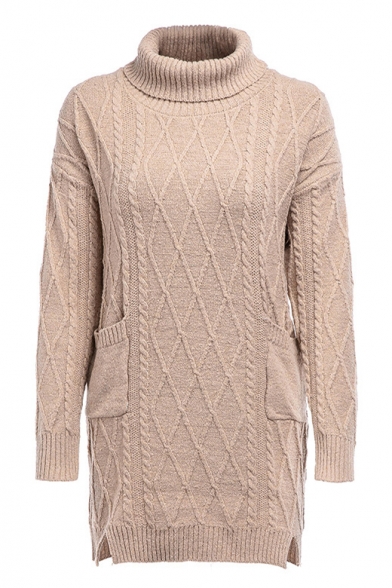 Chic High Neck Long Sleeve Cable Knit Tunics Cozy Sweater