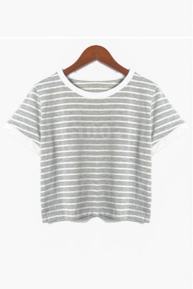 Classic Striped Print Contrast Trim Round Neck Short-Sleeved Cropped T-Shirt