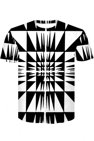 Cool 3D Black and White Geometric Print Short Sleeve Basic Casual T-Shirt