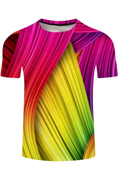 Cool 3D Red and Yellow Colorblock Line Print Short Sleeve T-Shirt