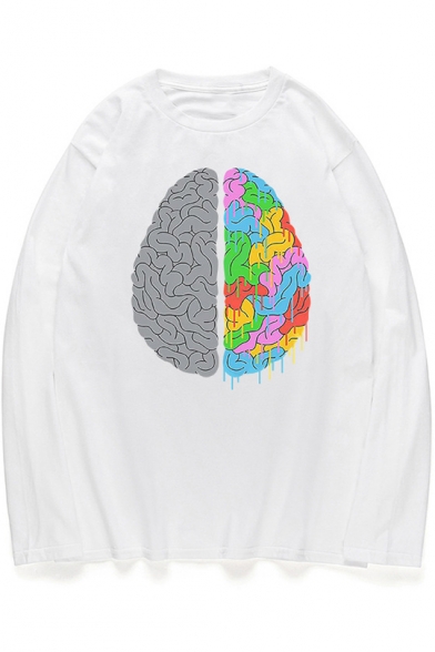 Creative Brain Pattern Crewneck Long Sleeve Fashion Loose Fit T-Shirt for Guys