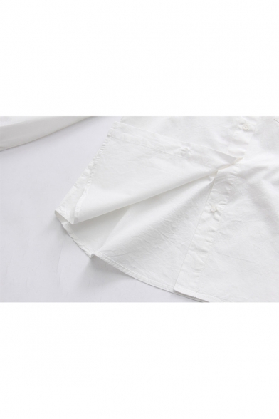 Cute Bow Embroidered Lapel Collar Long Sleeve Single Pocket Patched Chest White Button Shirt