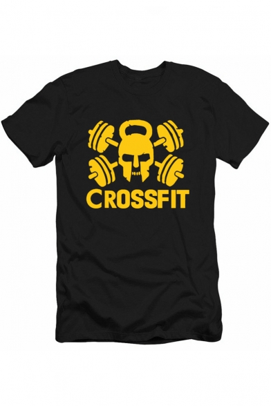 Fashion Letter CROSSFIT Skull Graphic Printed Short Sleeve Casual Athletic T-Shirt
